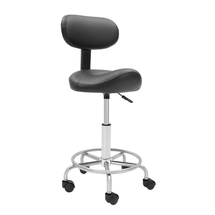 Ergonomikus nyereg szék háttámlával, Irodai szék kerekekkel, Állítható magasság 45–59 cm, 360°-ban forgatható, Párnázott PU ülés, Maximális terhelés 150 kg, Fekete