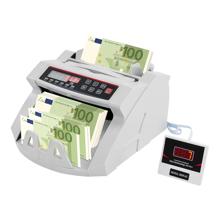 Masina de numarat bani/Numarator bancnote, Model de masa, Detectie UV/MG/IR, Viteza ≥900 bancnote/min, Ecran LED, Hopper/stacker 200, Alimentare spate, Stecar UE 220V 50Hz, Gri