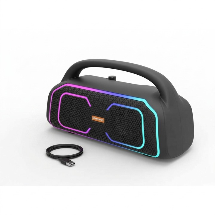 Boxa portabila Bluetooth Elworld MS3642BT-W, sunet HiFi stereo cu bass puternic, boxa rezistenta la apa pentru exterior, suport USB/card TF/TWS, iluminare LED colorata, negru