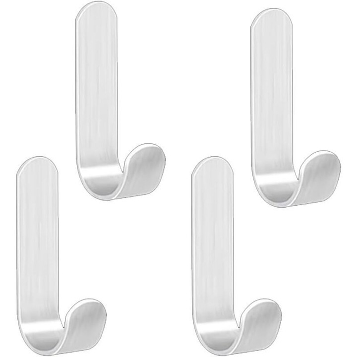 Set 4 carlige adezive metalice rezistente, argintiu, compacte