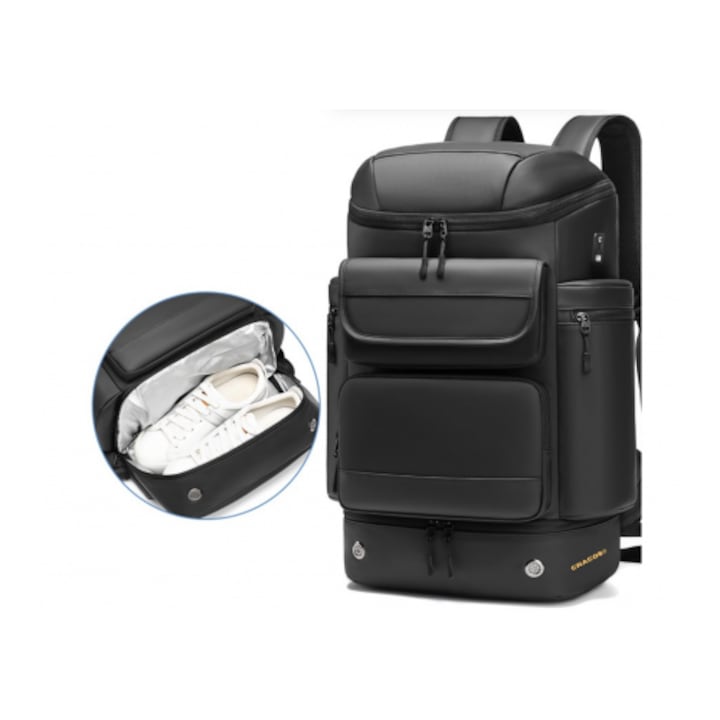 Rucsac Multifunctional Premium, Cracos®, negru, capacitate 30L, 55x31x20 cm, port USB, compartimente separate pentru laptop si Incaltaminte, Impermeabil, ideal pentru calatorii sau activitati zilnice