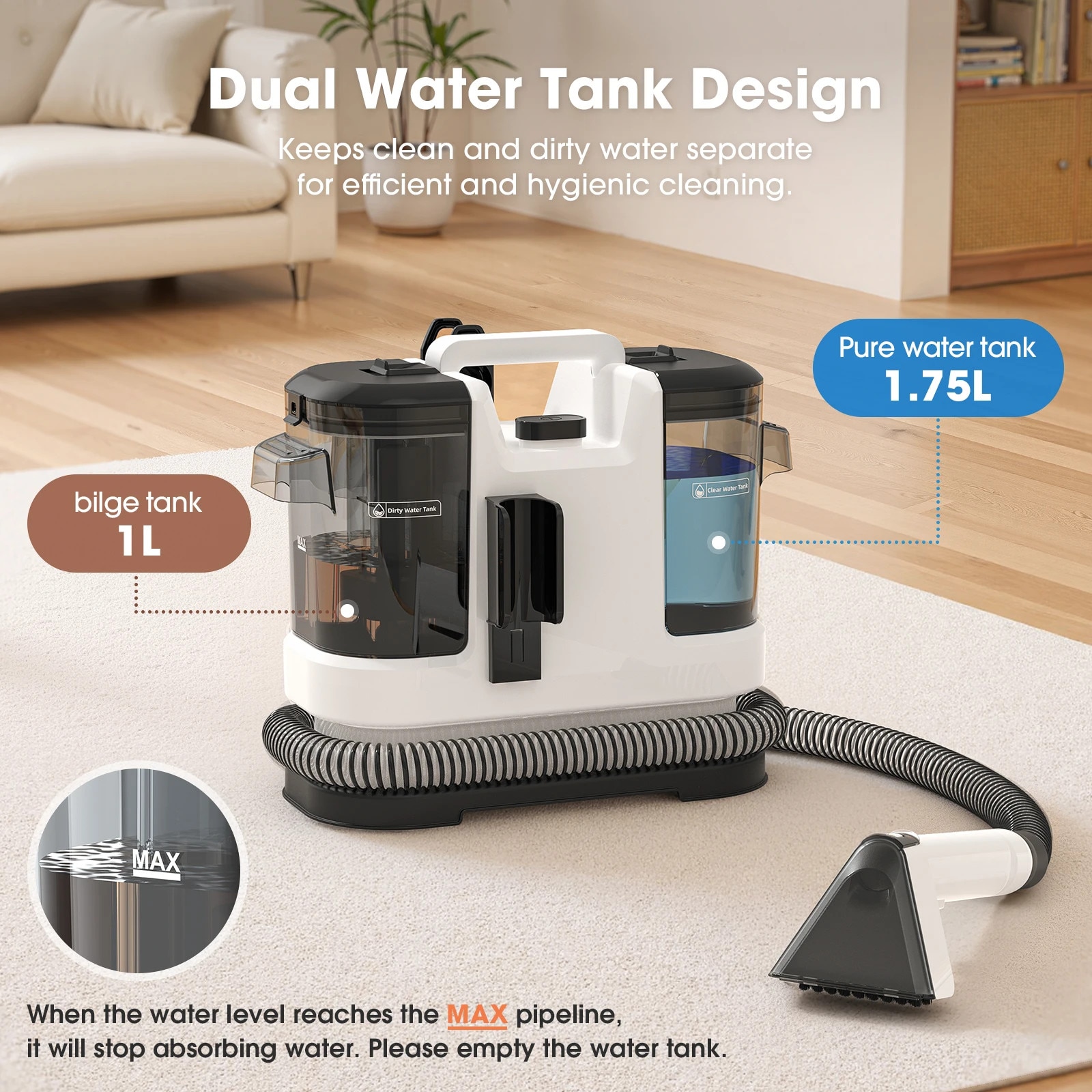 V6, Aspirator cu spalare pentru covoare si tapiterie, 15 kPa Putere de aspirare, 450 W, Rezervor dublu 1, 5 l, De mana, Furtun 1, 7 m, Negru