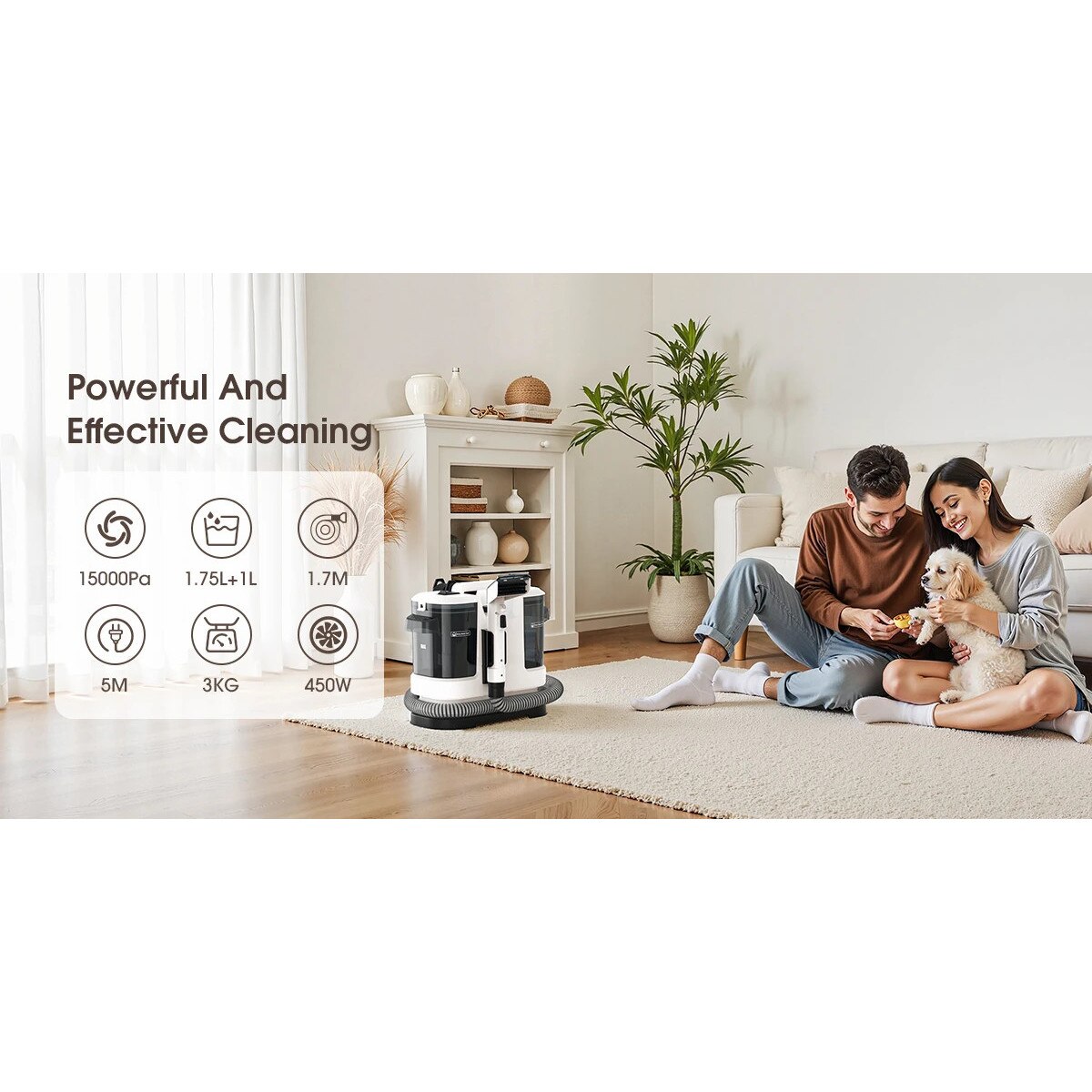 V6, Aspirator cu spalare pentru covoare si tapiterie, 15 kPa Putere de aspirare, 450 W, Rezervor dublu 1, 5 l, De mana, Furtun 1, 7 m, Negru