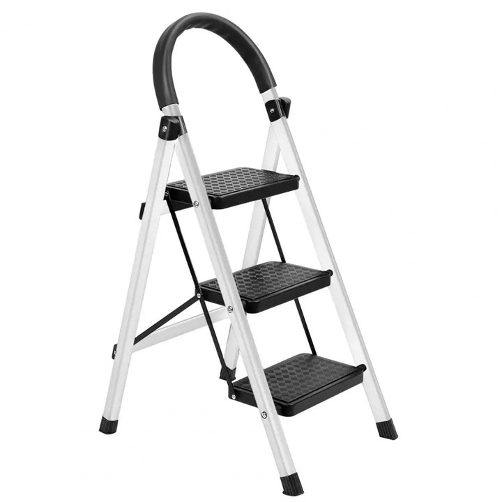 Scara pentru casa, Scaun-scara pliabil cu 3 trepte, Cadru metalic, Sarcina 150 kg, Pentru acasa/rulota/in aer liber, Asamblare, Alb