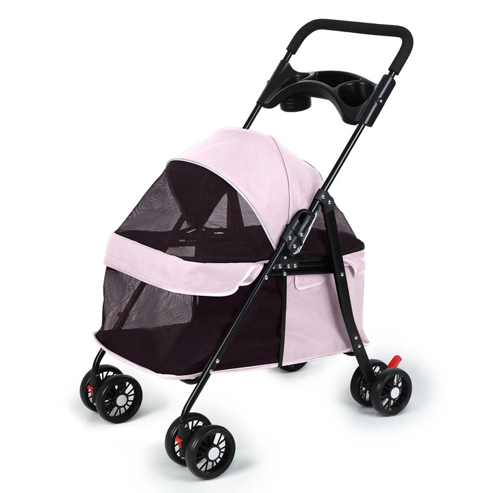 Carucior pentru animale, Carucior caini si pisici, 4 roti, Pliabil, Plasa respirabila, Suport pentru pahar, Pentru exterior, Roz