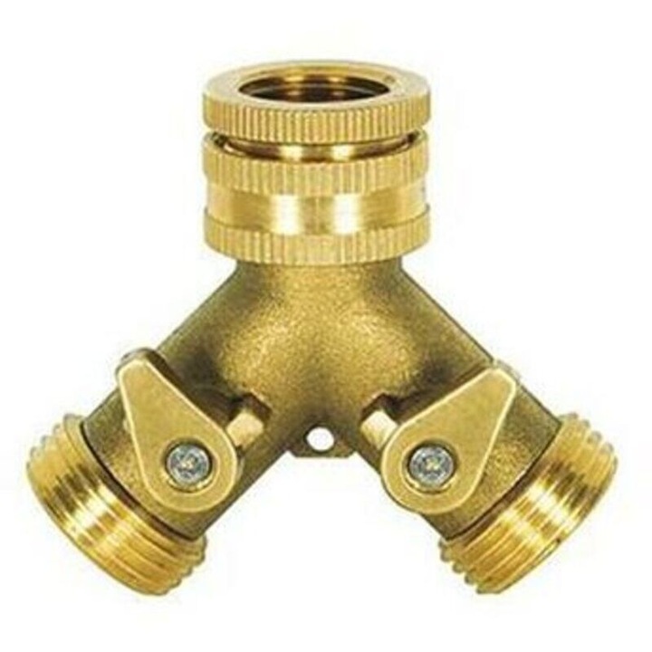 Sárgaréz csapcsatlakozó két kimenettel, 20x27mm és 15x21mm, elzárószelepek, 0.25kg