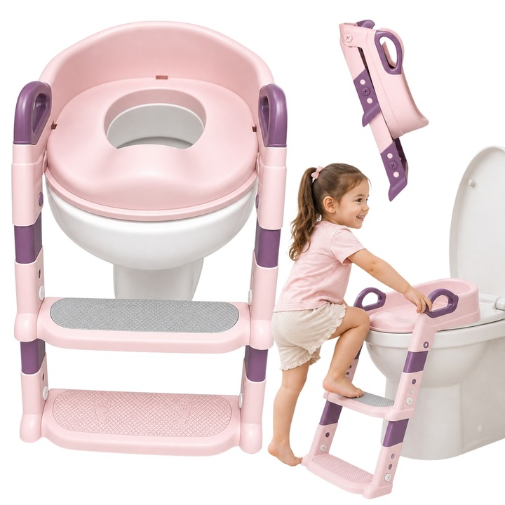 WC ülőke létrával gyerekeknek, PP műanyag, ergonomikus háttámla, stabil szerkezet az önállóság elsajátításához
