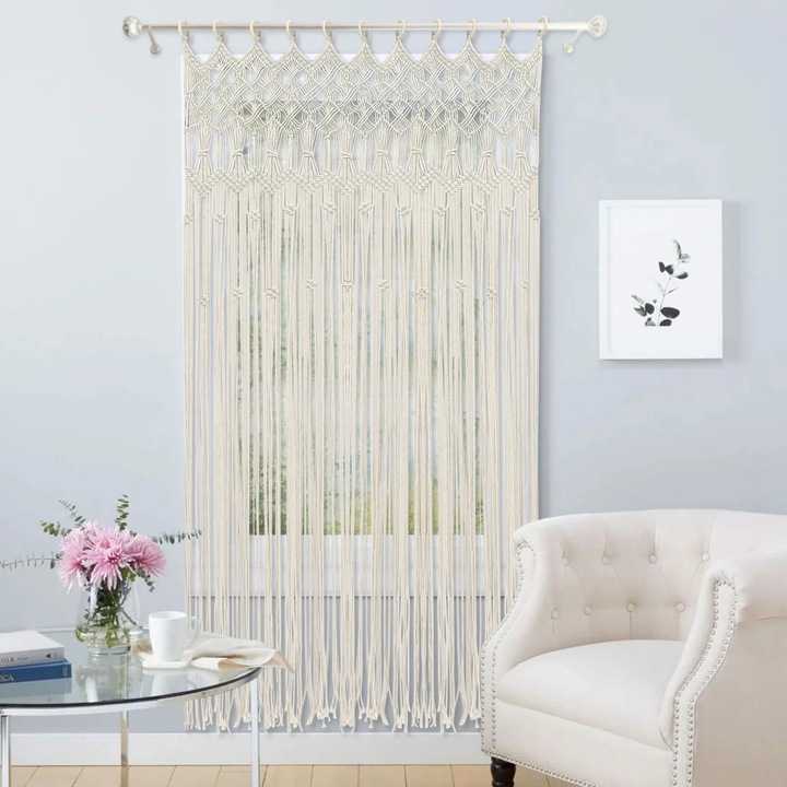 Perdea macrame, pentru usa/fereastra, 120×195 cm, lucrata manual, stil boho, translucida 41–85%, din bumbac, 1 panou, alb