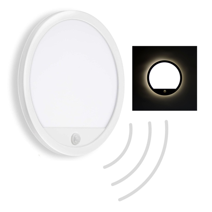 LED лампа за външно осветление, кръгла, 15W, бяла, 4000K, IP44, със сензор за движение