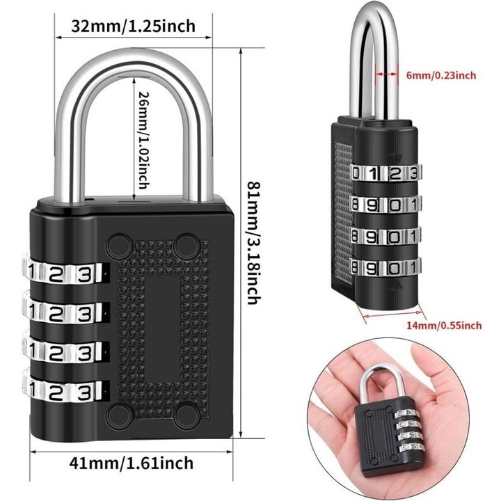 2 db számkombinációs lakat szett, 4 számjegyű, cinkötvözet, fekete, 8.1x4.1x1.4cm