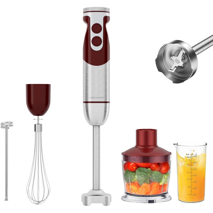 MegaWise Mixer Vertical 5 in 1 cu Viteza Variabila, 400W, Otel Inoxidabil - Include Tocator, Tel, Spumiera si Cana - Ideal pentru Supe, Smoothie-uri, Mancare pentru Bebelusi si altele (ROSU)