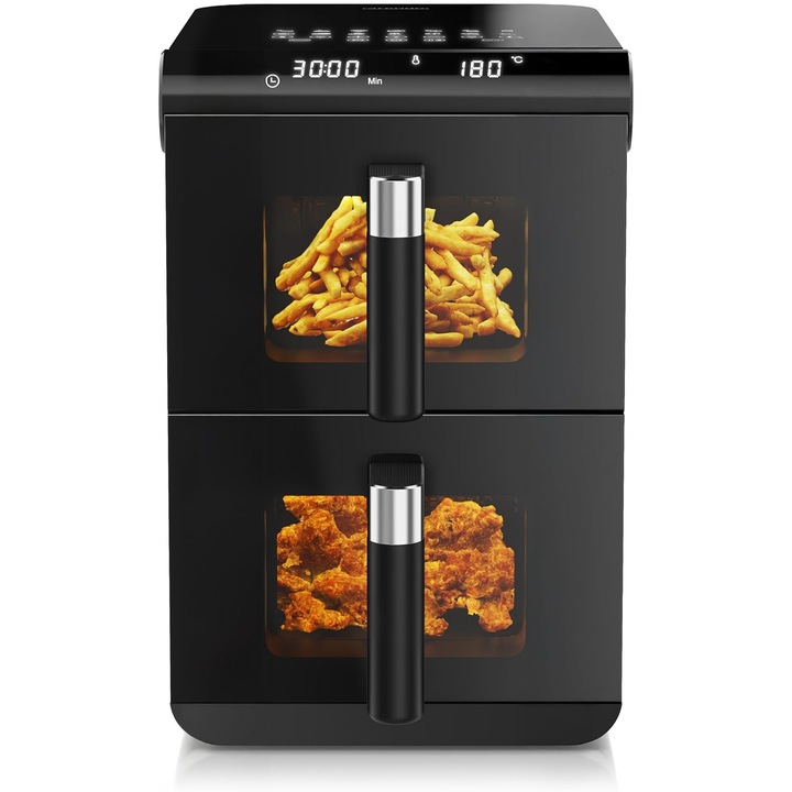Friteuza cu aer cald Arendo XXL Dual Zone 11.4L, 2 compartimente independente, 13 programe, Sync & Match, Display Touch, Fereastra vizualizare, 3D Convection, BPA Free