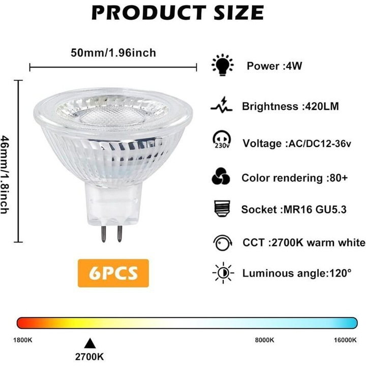 6 darabos szett, GU5.3 MR16 LED izzó 5W, 40W halogénnel egyenértékű, meleg fehér 2700K, 350 lm, 12V, 120° sugárzási szög, nem szabályozható, E osztály