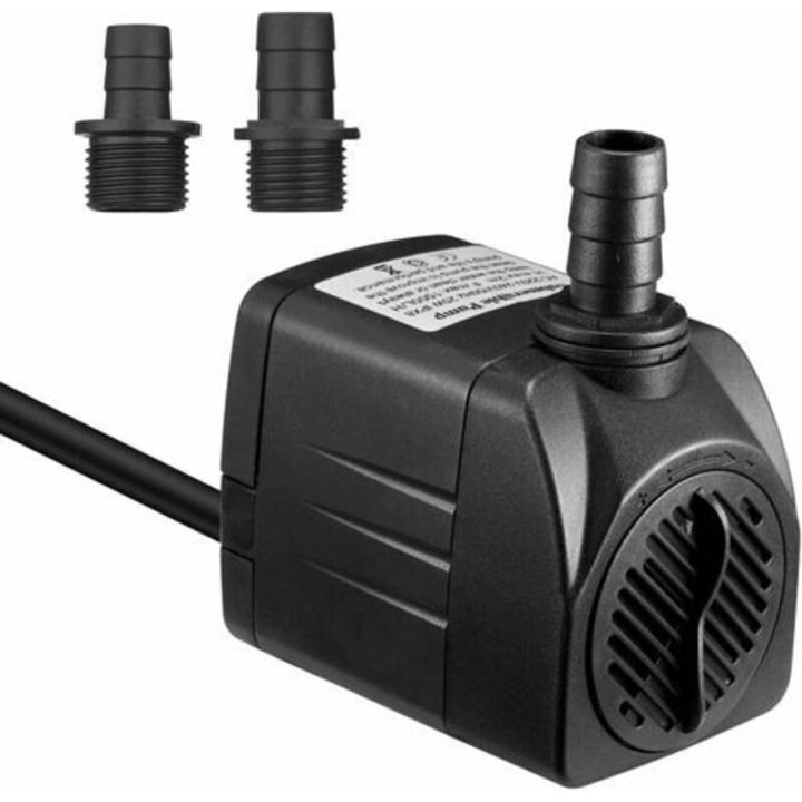 Pompa submersibila 1500 L/h 25W, pompa de acvariu, debit reglabil, protectie la functionare fara apa 48h, inaltime refulare 2 m, 2 duze, cablu 1.8 m, Negru, 1 buc