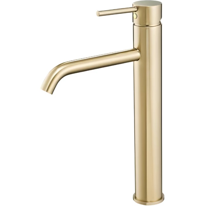 Baterie lavoar inalta pentru baie, finisaj auriu mat, montare pe blat, design modern, monocomanda, 29cm