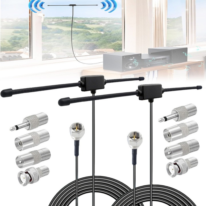 Chucai 2 db rádióantenna készlet, 5m, 75 ohm, univerzális, beltéri, adapterekkel