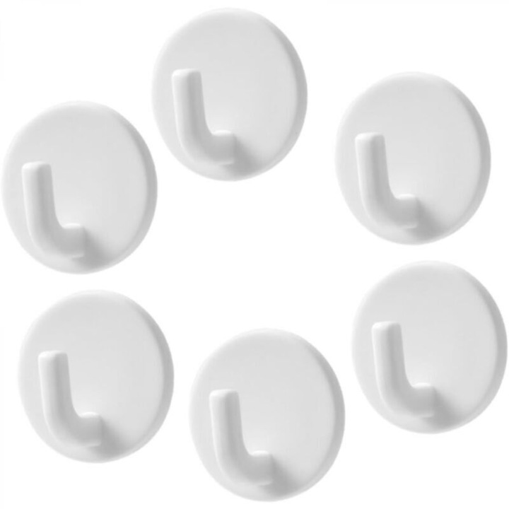 Set 6 carlige adezive, design minimalist, alb, compact