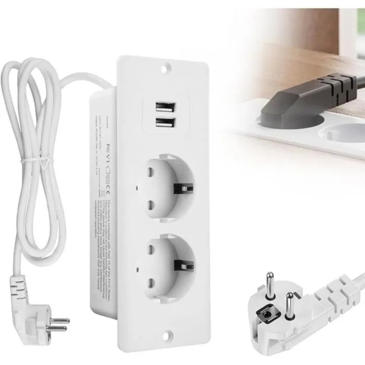 Вграден контакт с превключвател, 2 USB Type-C PD20W, кабел 1,7м, бял, 190x60x50мм