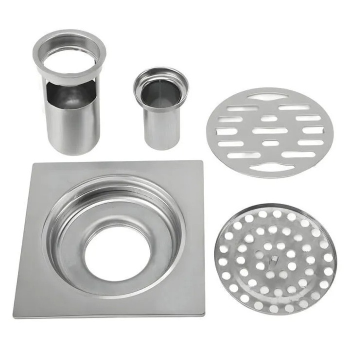 Kit scurgere podea inox, anti-colmatare, 11x11cm, pentru 50-75mm, set 5 piese