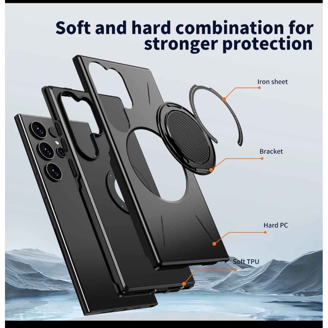 Husa Pentru Samsung Galaxy S24 Ultra Magnetica cu Ring Kickstand, Protectie TPU + Policarbonat Dur, Suport Video, Protectie Butoane, Antisoc, Neagra