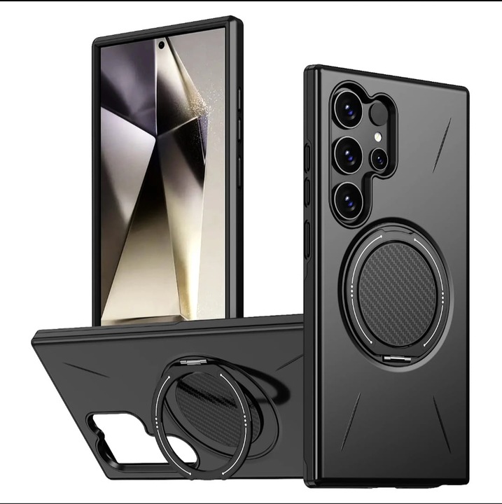 Husa Pentru Samsung Galaxy S24 Ultra Magnetica cu Ring Kickstand, Protectie TPU + Policarbonat Dur, Suport Video, Protectie Butoane, Antisoc, Neagra