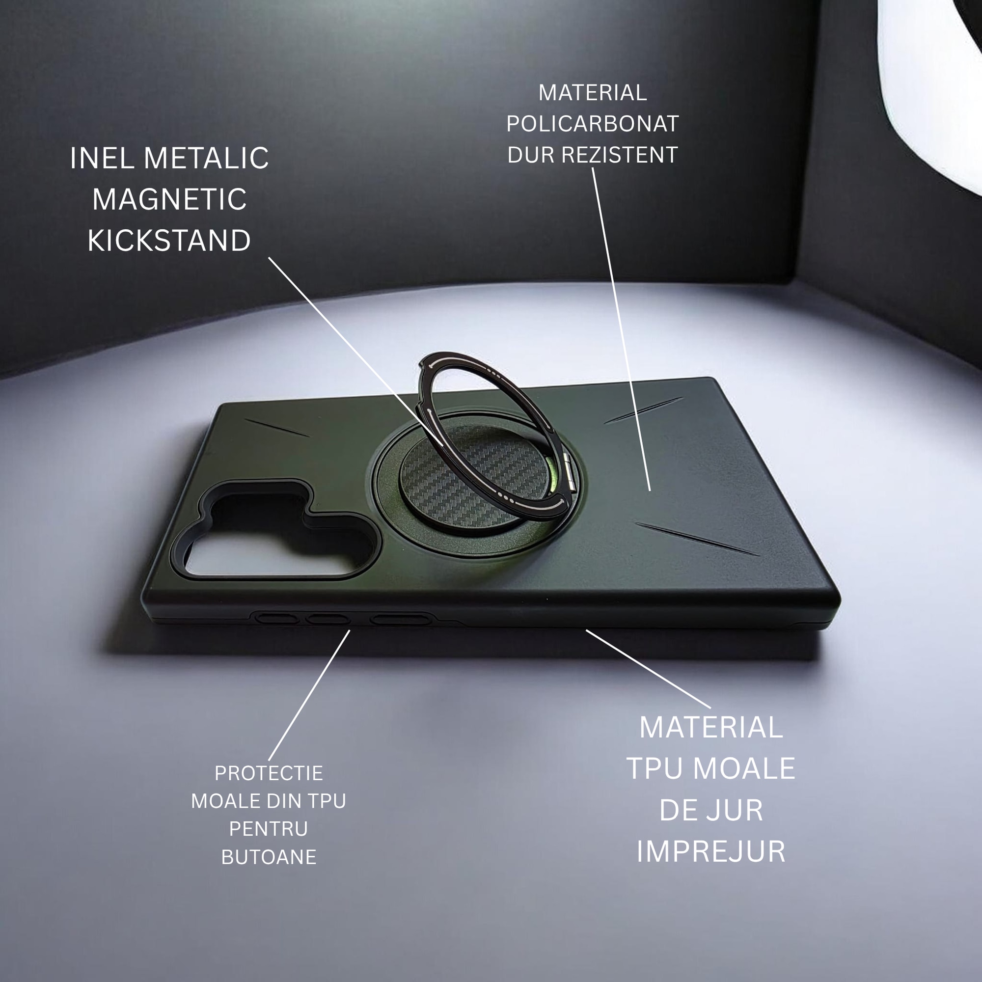Husa Pentru Samsung Galaxy S24 Ultra Magnetica cu Ring Kickstand, Protectie TPU + Policarbonat Dur, Suport Video, Protectie Butoane, Antisoc, Neagra