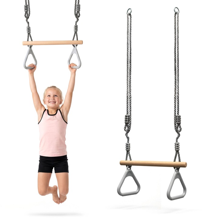 HyperMotion SWING HYP103 gyermek trapéz, fa rúd gyűrűkkel, állítható magasság, max. 50 kg