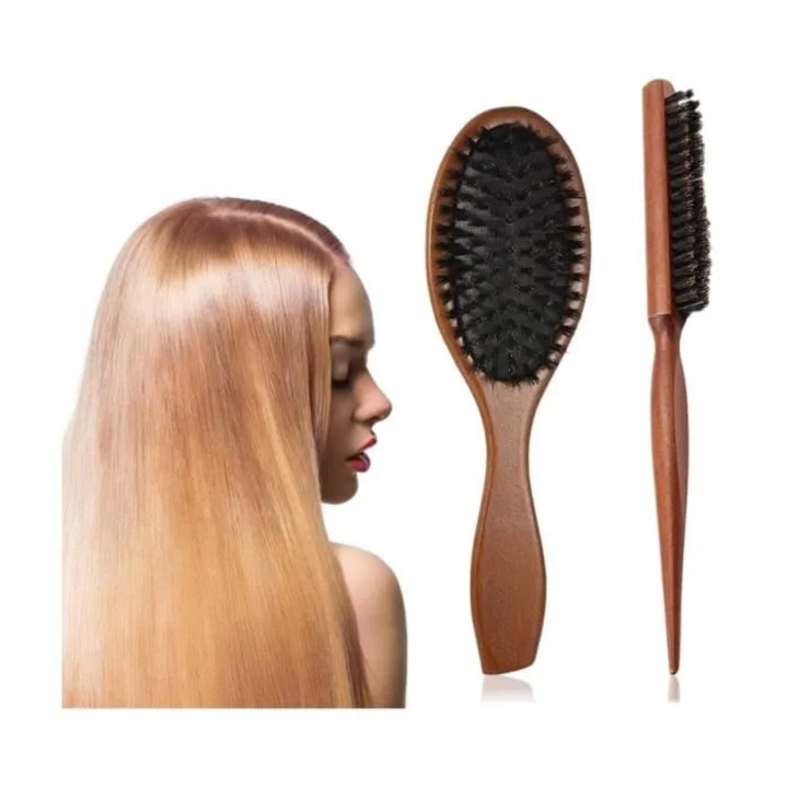 Set 2 Perii de Par din Par de Mistret Natural, Antistatic, Lemn