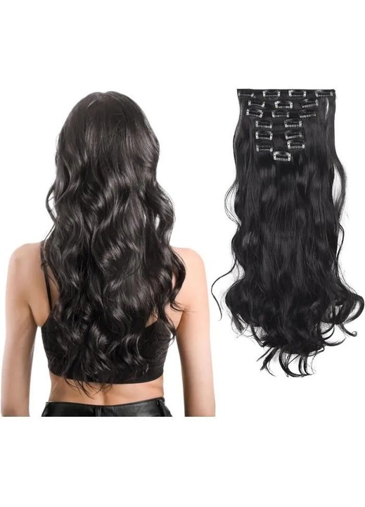 Extensie par natural, negru, 60cm, cu clips, set 16 buc