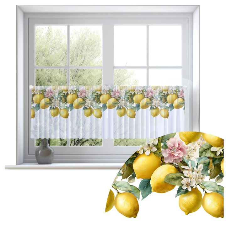 Perdele, Homeview, 150x50 cm, Pentru camera de zi si dormitor, Cu tunel, Decorativ, Montaj usor, Poliester, Alb cu imprimeu, model 0576