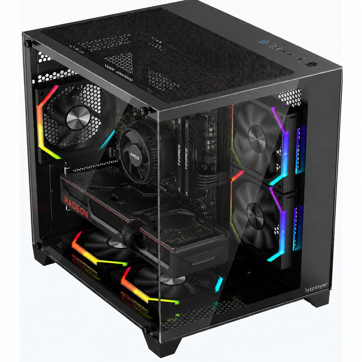 Sistem Desktop PC First Player ARGB AMD Ryzen 7 5700 pana la 4.6 Ghz, 16 GB ram DDR4, SSD NVME 512 GB, placa video dedicata AMD Radeon RX 7600 8 GB GDDR6, cube tower ARGB, 600 W