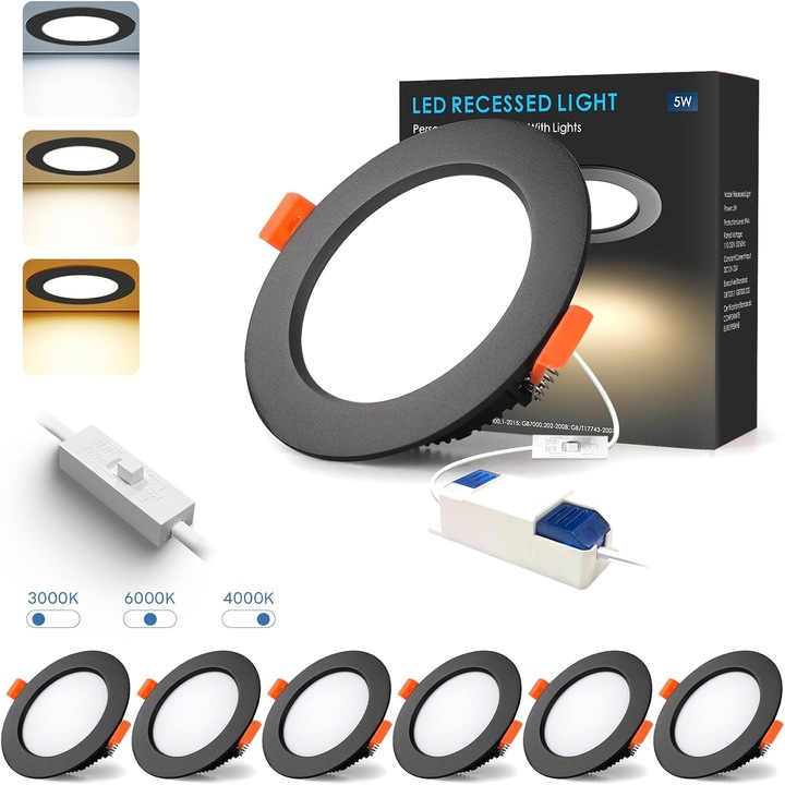 Set 6 x Spoturi LED Incastrate, IP44, 5W, Echivalent 50W, Diametru 100mm – 3 Culori Reglabile, COB 500 lm, Ultra Slim, pentru Baie, Living, Dormitor si Birou, Negru