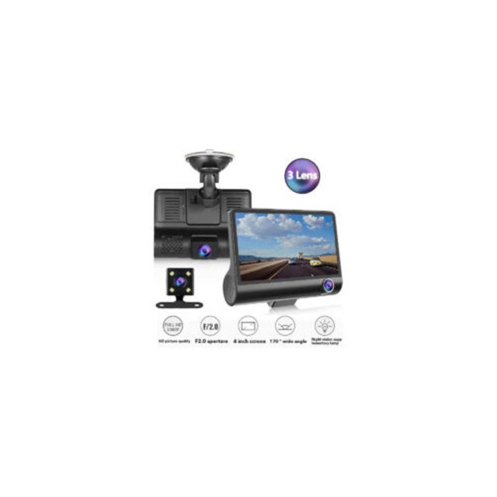 Camera auto DVR 3 camere, Full HD, unghi larg 170°, ecran 4.0 inch, negru