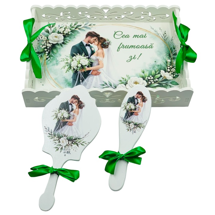 Set nunta, tavita si accesorii pentru gatit mireasa, 3 piese, culoare verde