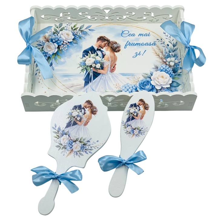 Set nunta, tavita si accesorii pentru gatit mireasa, 3 piese, culoare albastru