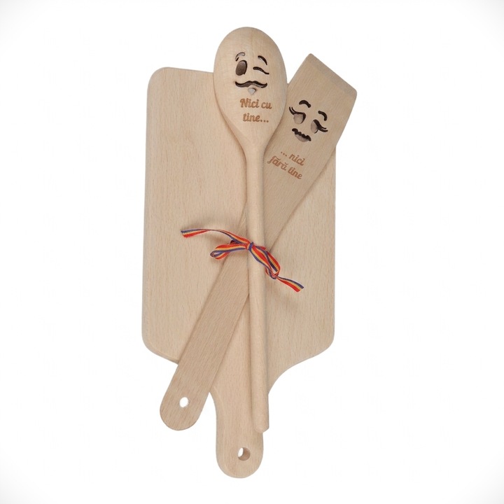 Set Ustensile de Bucatarie din Lemn cu Mesaj "Nici cu tine nici fara tine", Tocator, Lingura si Spatula, Model Rustic, Natur