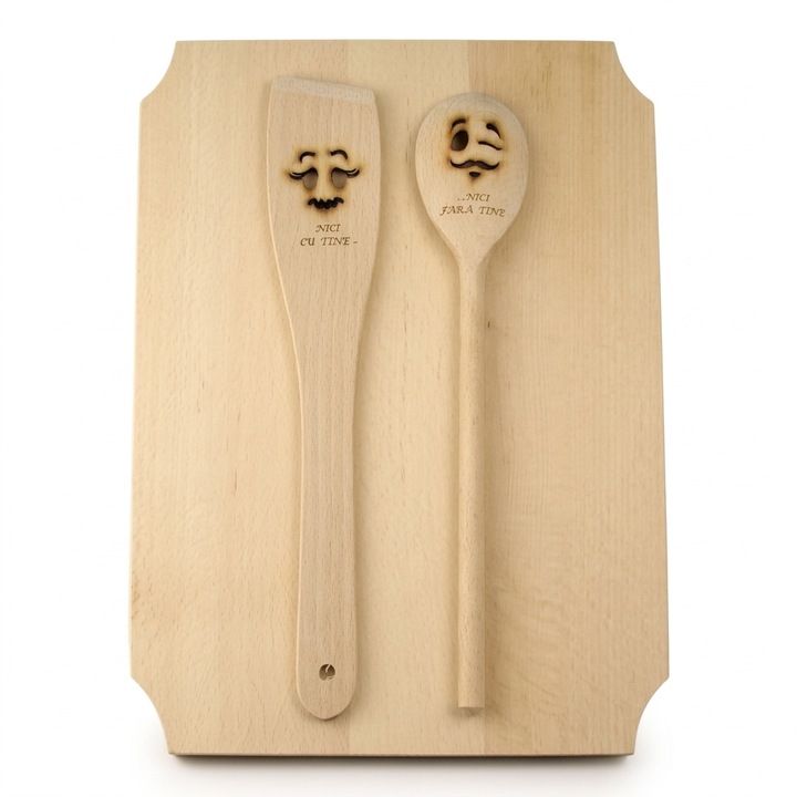 Set Ustensile de Bucatarie Personalizat din Lemn cu Mesaj "Nici cu tine nici fara tine", Tocator, Lingura si Spatula, Model Rustic, Natur, 35x25 cm