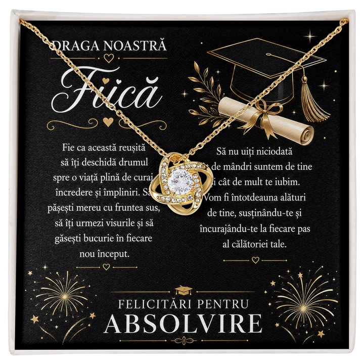 Colier Argint 925 JOYSTOS, Pandantiv Nodul Iubirii Placat cu Aur 18K, Cadou Absolvire Fiica, Cutie cu Mesaj Felicitari pentru Absolvire, Lungime 40-45 cm