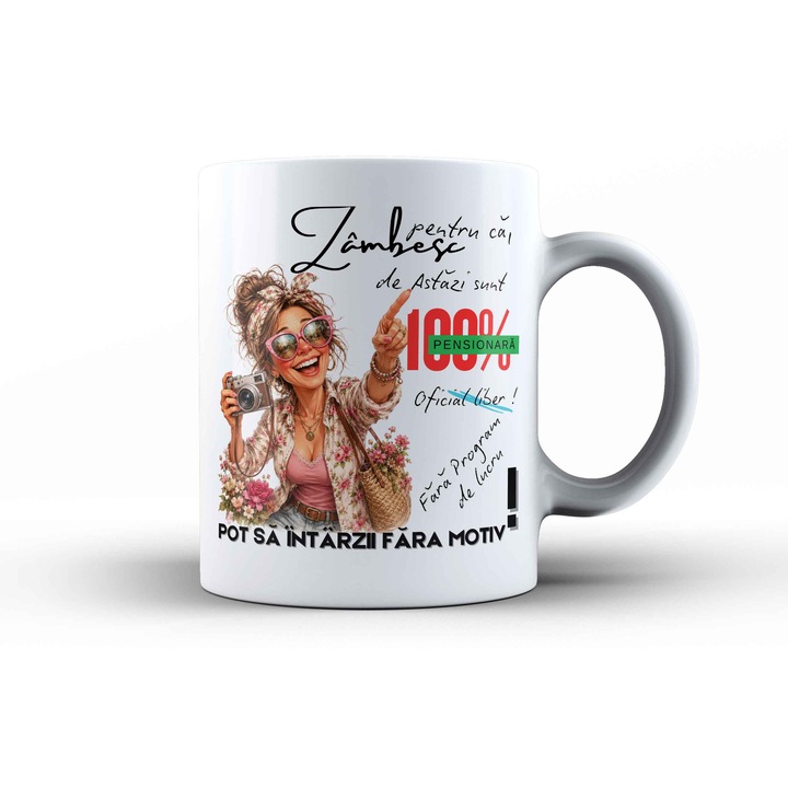 Cana personalizata „100% Pensionara” – Cadou Haios Pensionare pentru Feme, 330ml, alba
