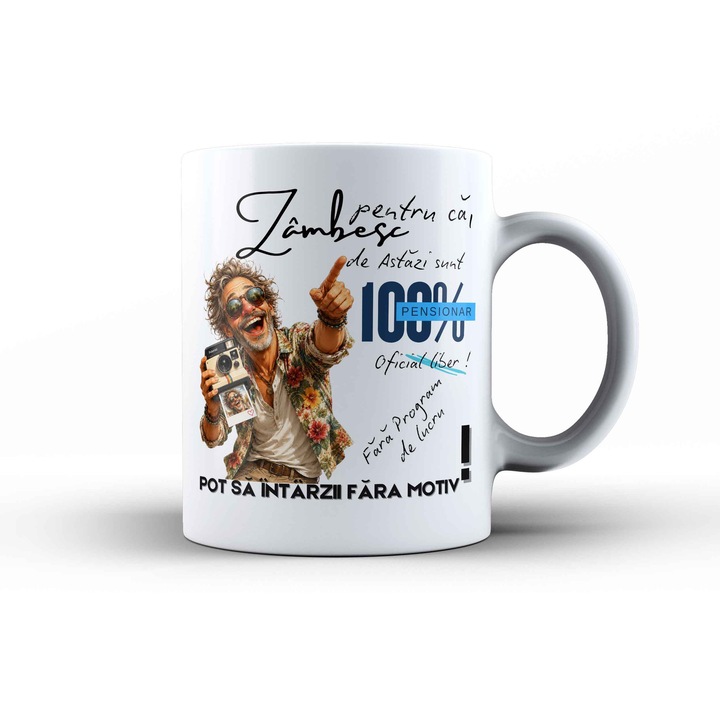Cana personalizata „100% Pensionar” – Cadou Haios Pensionare pentru Barbat, 330ml, alba