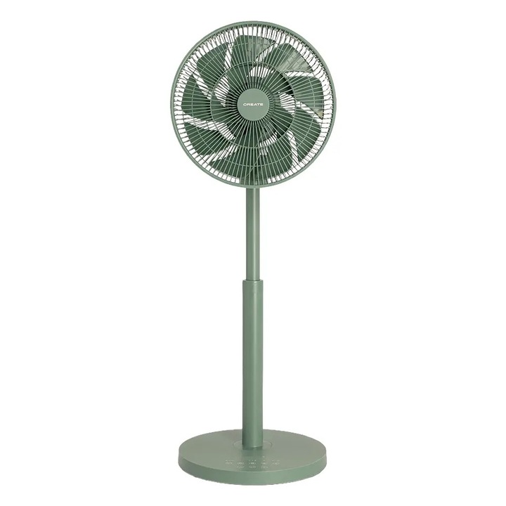 Ventilator cu picior CREATE, 12 trepte de viteza, oscilatie automata, inaltime reglabila 75-95 cm, moduri Natural Wind/Night/ECO, Child Lock, timer pana la 18h, ideal pentru birou/vacanta/camping, sage