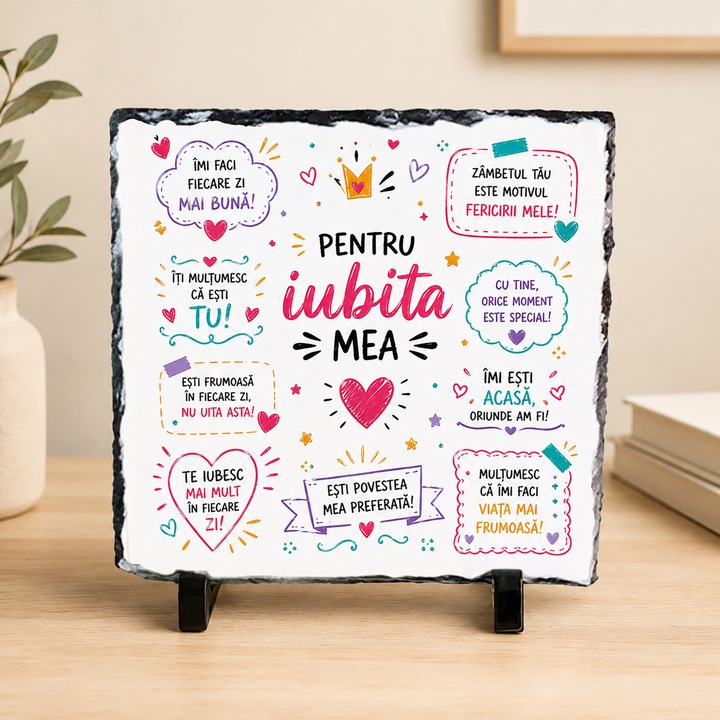 Placa Ardezie pentru Iubita Mea 20x20 cm – Cadou Romantic cu Mesaje