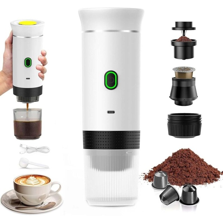 Espressor portabil 3 in 1, incalzire rapida, alb, 12V, 4x6min, compatibil capsule si cafea macinata