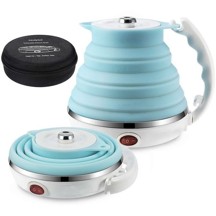 Összecsukható elektromos vízforraló, 550 ml, élelmiszeripari szilikon, rozsdamentes acél, 170x139x132mm, multivolt