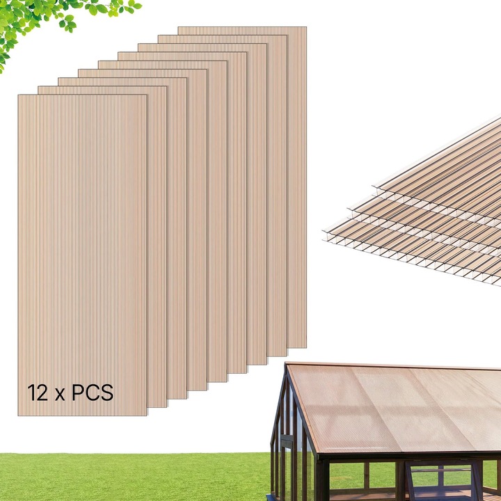 Panouri acoperis policarbonat, Set 12 panouri ondulate dublu strat, Rezistente la impact, Impermeabile, Pentru sere si foisoare, Pentru cotete pasari, 1520 x 610 x 6 mm