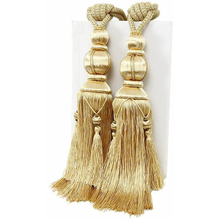Set 2 Embratisari pentru perdea, manual tricotate, auriu, 75x3cm