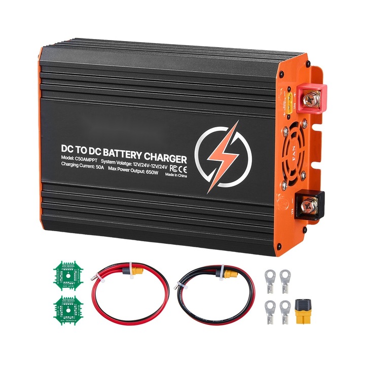 Incarcator baterie CC-CC cu MPPT, 650W 50A, Intrare dubla solar/alternator, Incarcare multietapa, Pentru baterii LiFePO4 si plumb-acid, Pentru rulote, auto si backup
