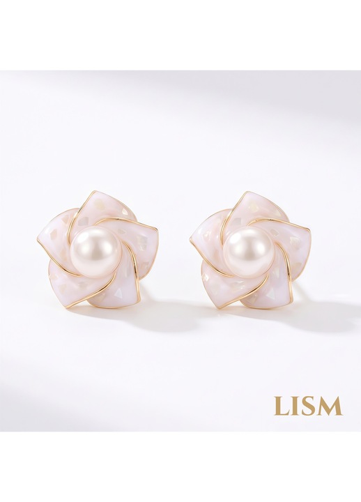 Cercei Eleganti LISM cu Floare de Camelia din Scoica si Perla Naturala de Apa Dulce, Placati cu Aur 18K, Stil Francez Retro, Bijuterii Feminine de Lux, Eleganta Inspirata din Natura