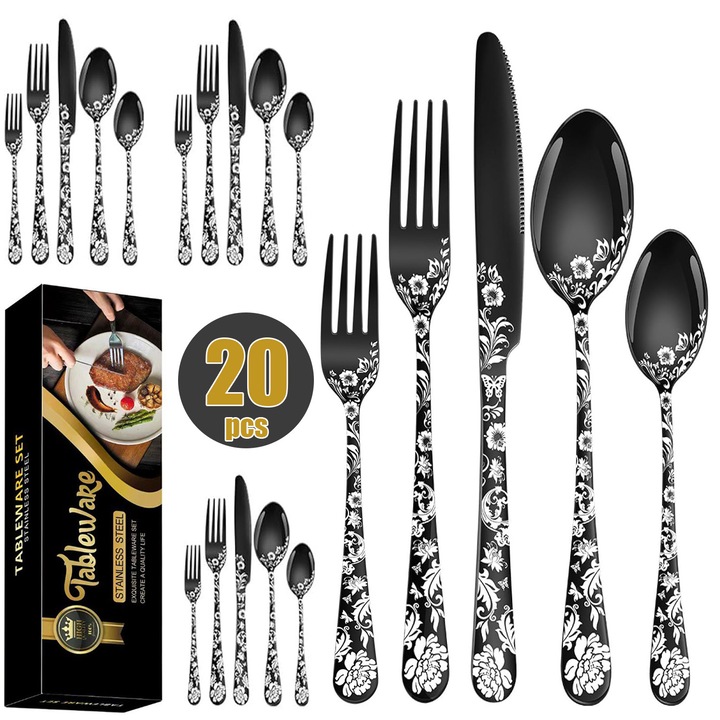 Set 20 Tacamuri Din Inox, 4 Persoane, Rezistent la coroziune, Inclusiv Cutit/Furculita/Lingurita/Lingurita, Usor de curatat, Rezistent la Masina de Spalat Vase, Negri/Alb