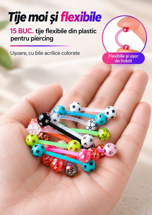 MixPiercing Комплект 15 пиърсинга за език и зърна, гъвкави пластмасови пръчки, 14G 16 мм, модели футбол и брокат